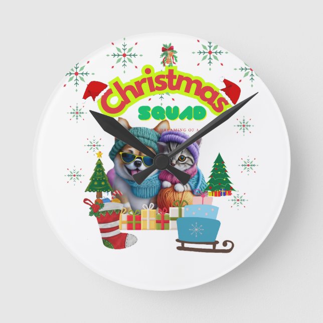 Cute dog and cat Christmas squad design  Rund Klocka (Framsida)