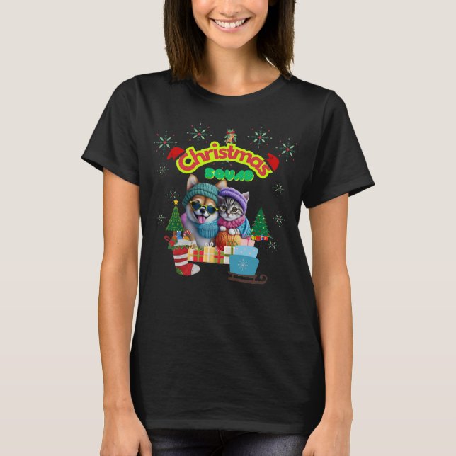 Cute dog and cat Christmas squad design  T Shirt (Framsida)