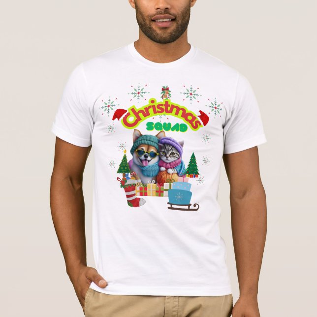 Cute dog and cat Christmas squad design  T Shirt (Framsida)