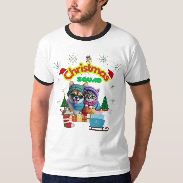 Cute dog and cat Christmas squad design  T Shirt (Framsida)