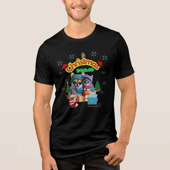 Cute dog and cat Christmas squad design  T Shirt (Framsida)