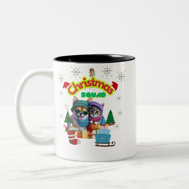 Cute dog and cat Christmas squad design  Två-Tonad Mugg (Vänster)