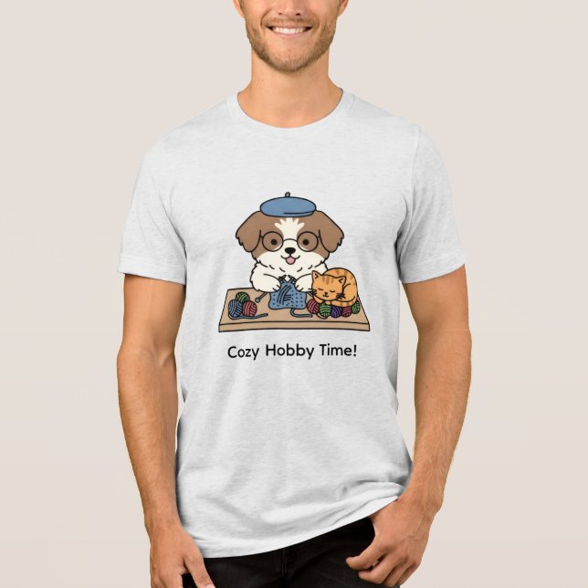 Cute Dog and Cat Knitting Together Graphic Design T Shirt (Framsida)