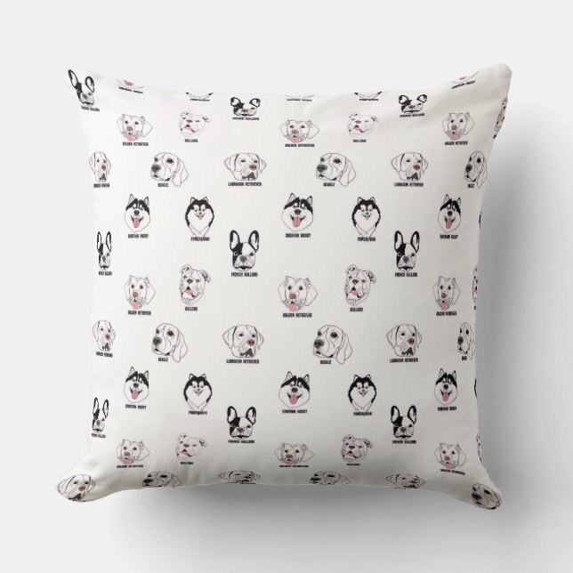 Cute Dog Breed Faces Pattern Throw Pillow Kudde (Framsida)