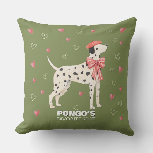 Cute Dog Dalmatian Bow Heart Sage Throw Pillow Kudde (Framsida)