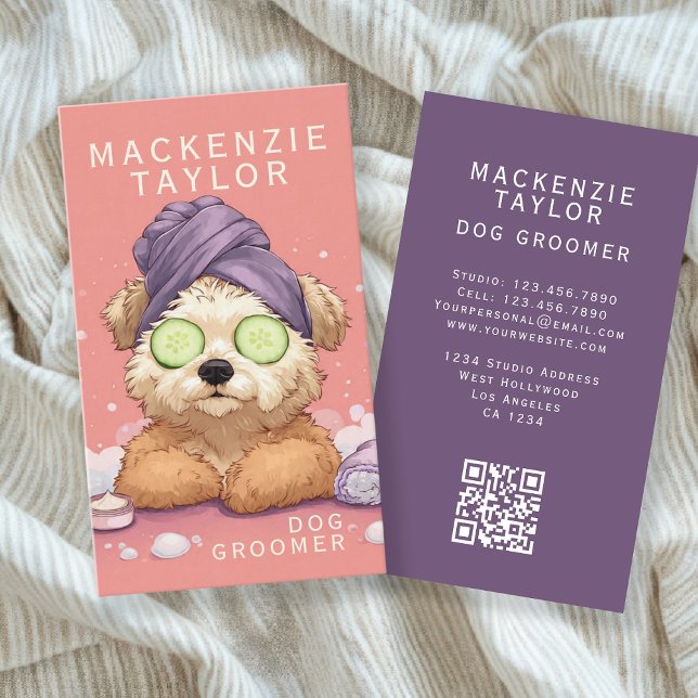 Cute Dog Groomer Personalized Spa Style Visitkort (Cute Dog Groomer Personalized Spa Style Business Cards by Ricaso. Fluffy dog on a spa day)