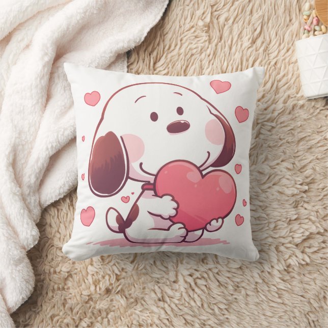 Cute Dog Holding Pink Heart Kudde (Filt)