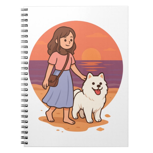 Cute Dog Mom Walking Fluffy Pup on Sunset Beach  Anteckningsbok (Framsidan)