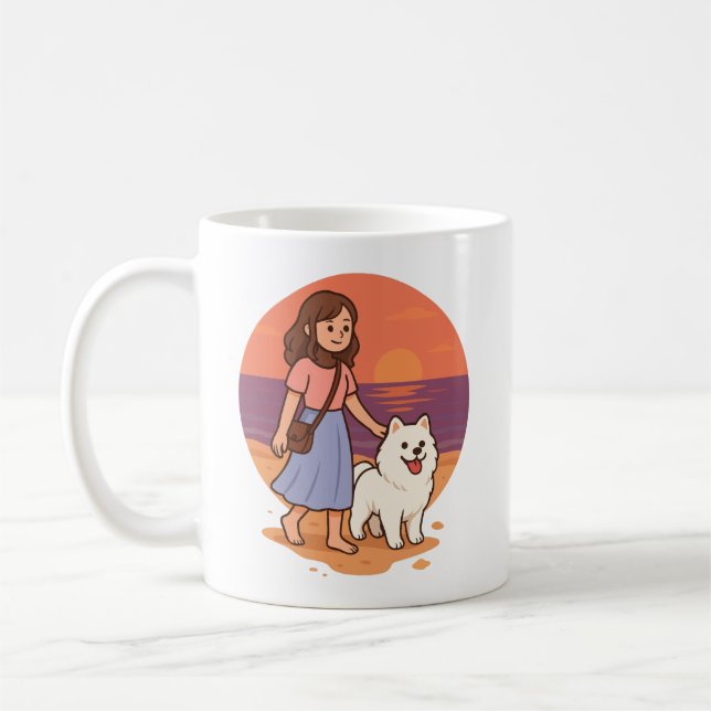 Cute Dog Mom Walking Fluffy Pup on Sunset Beach  Kaffemugg (Vänster)