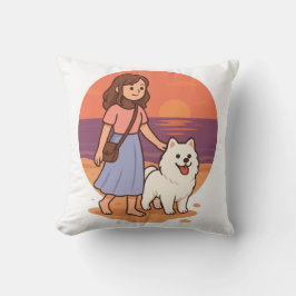 Cute Dog Mom Walking Fluffy Pup on Sunset Beach  Kudde