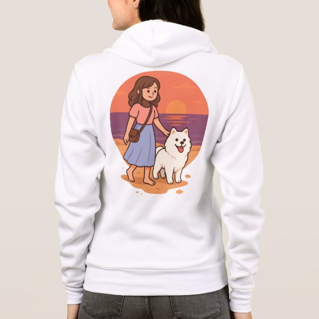 Cute Dog Mom Walking Fluffy Pup on Sunset Beach  T Shirt (Baksida)