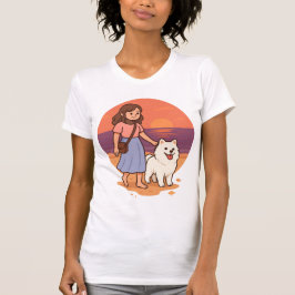 Cute Dog Mom Walking Fluffy Pup on Sunset Beach  T Shirt