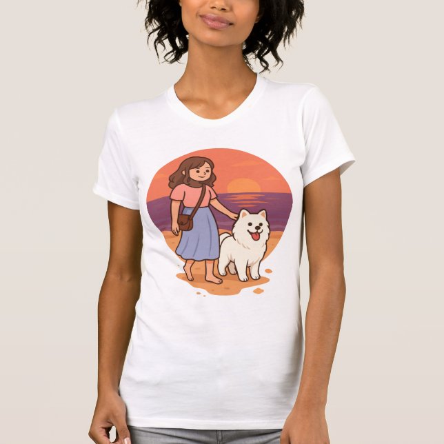 Cute Dog Mom Walking Fluffy Pup on Sunset Beach  T Shirt (Framsida)