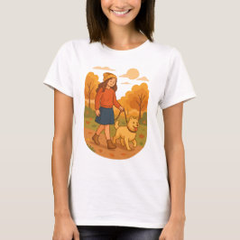 Cute Dog Mom Walking Pup in Cozy Forest  T Shirt