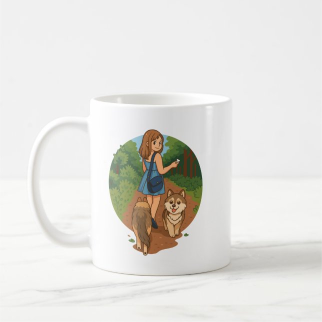 Cute Dog Mom Walking Puppies Forest Trail Illustra Kaffemugg (Vänster)