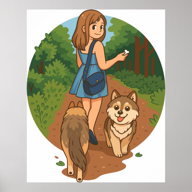 Cute Dog Mom Walking Puppies Forest Trail Illustra Poster (Framsidan)