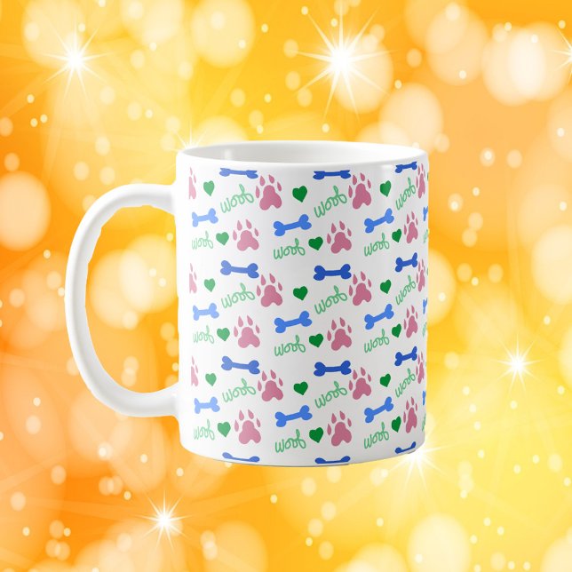 Cute Dog Paw Pattern Hearts, Bones Woof Pink Blue  Kaffemugg (A mug with a pattern of pink dog paws, blue bones, green hearts and the word woof.)