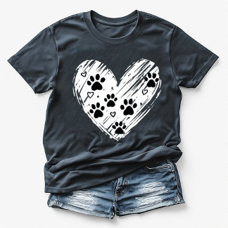 Cute Dog Paw Prints Brushstroke Heart Black  T Shirt