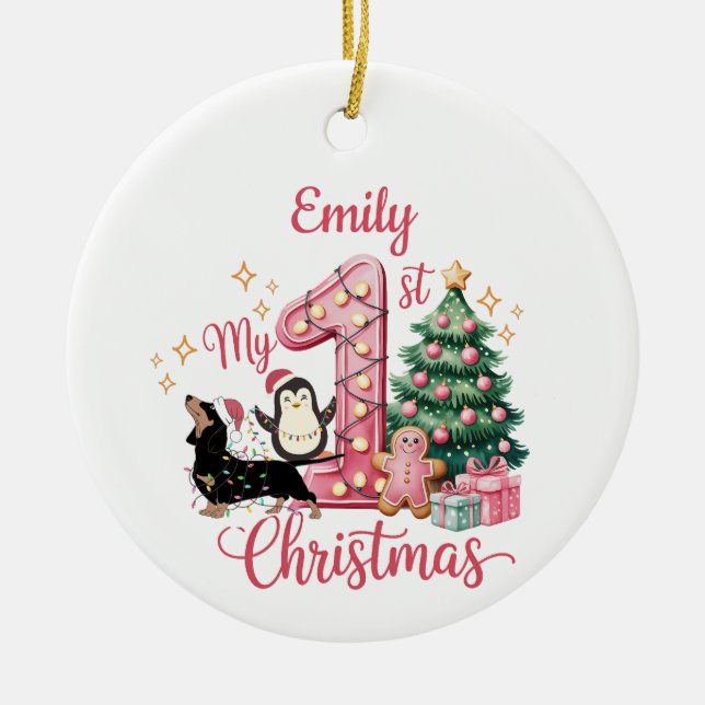 Cute Dog Peguin My First Christmas Julgransprydnad Keramik (Framsidan)