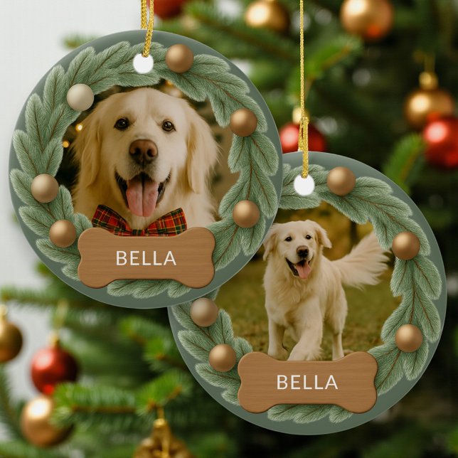 Cute Dog Photo Wreath Holiday Christmas Julgransprydnad Keramik (Skapare uppladdad)