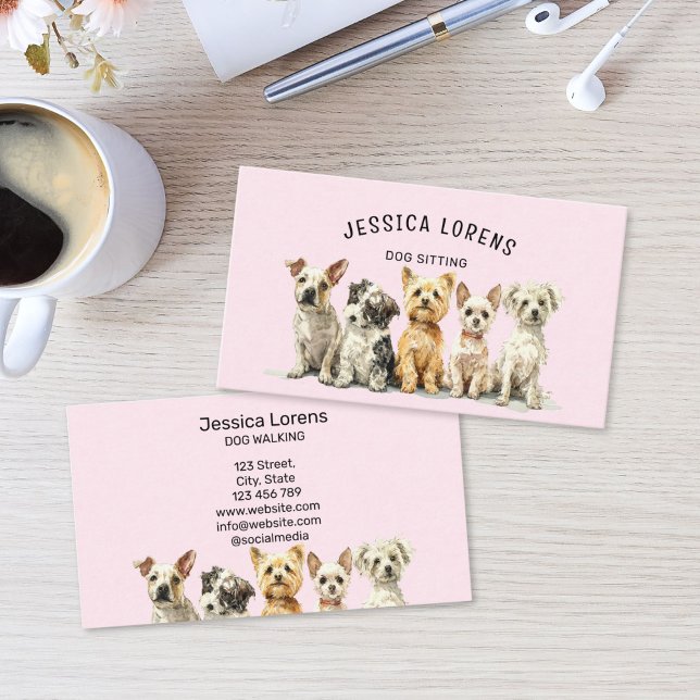 Cute Dog Sitter, Pet Groomer, Veterinarian, Puppy  Visitkort (Cute Dog Sitter, Pet Groomer, Veterinarian Business Card with pink background and watercolor puppies)