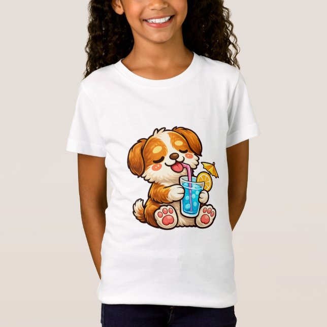 Cute Dog Summer Drink T Shirt (Framsida)