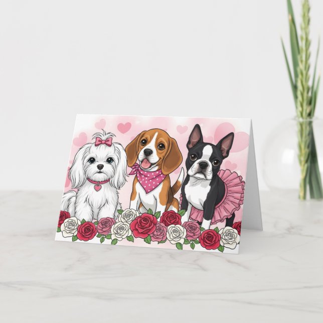 Cute Dog Trio Roses Valentine's Day Card - Pet Lov Kort (Framsida)