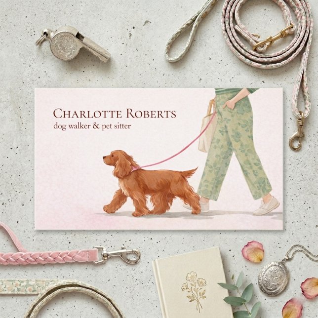 Cute Dog Walker Cocker Spaniel Pink Business Card Visitkort (Skapare uppladdad)
