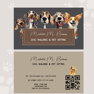 Cute Dog Walker Groomer QR Code Grått Visitkort