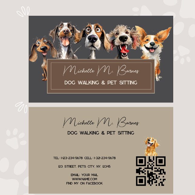 Cute Dog Walker Groomer QR Code Grått Visitkort (Skapare uppladdad)