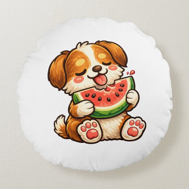 Cute Dog Watermelon Rund Kudde (Framsidan)
