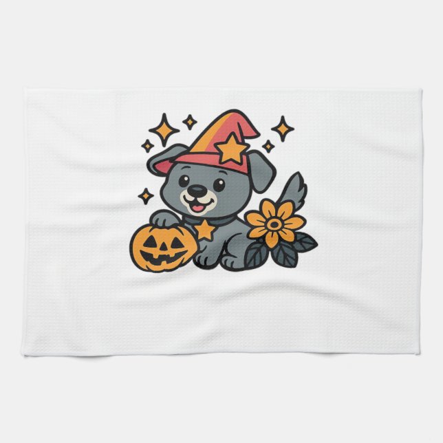 Cute Dog Witch hat Pumpkin Fun Halloween Oversized Kökshandduk (Horisontell)