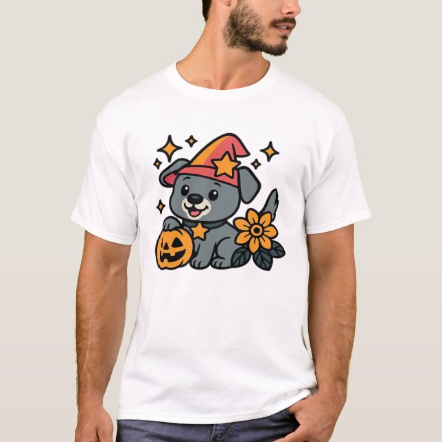 Cute Dog Witch hat Pumpkin Fun Halloween Oversized T Shirt (Framsida)