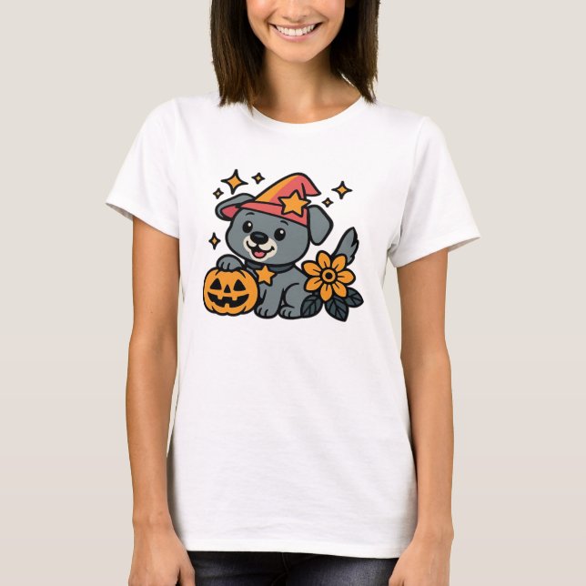 Cute Dog Witch hat Pumpkin Fun Halloween Oversized T Shirt (Framsida)