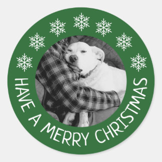 Cute Dog with Dad Photo Merry Christmas Green Runt Klistermärke