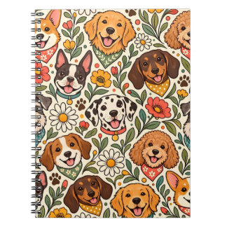 Cute Dogs and Colorful Floral Pattern Anteckningsbok