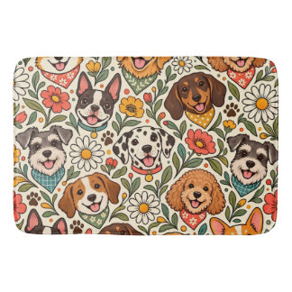 Cute Dogs and Colorful Floral Pattern Badrumsmatta