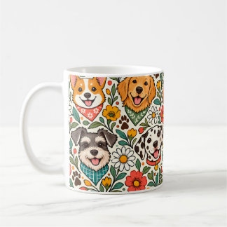 Cute Dogs and Colorful Floral Pattern Kaffemugg