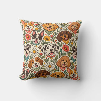 Cute Dogs and Colorful Floral Pattern Kudde