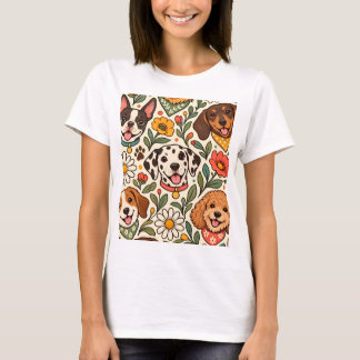 Cute Dogs and Colorful Floral Pattern T Shirt