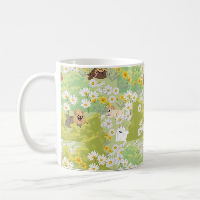 Cute Dogs With Daisy Flowers Seamless Pattern Kaffemugg (Vänster)