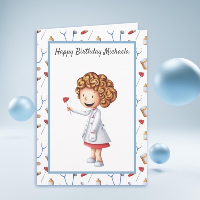 Cute Doktor Girl Illustrated och Mönster Birthday Kort (Doctor Birthday Card)