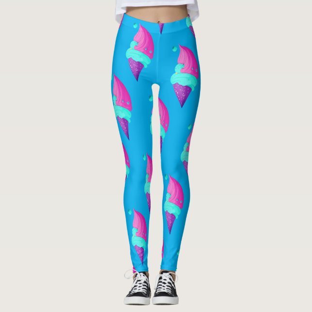 Cute Doll Girly Shock rosa Blue Ice Cream Mönster Leggings (Framsida)