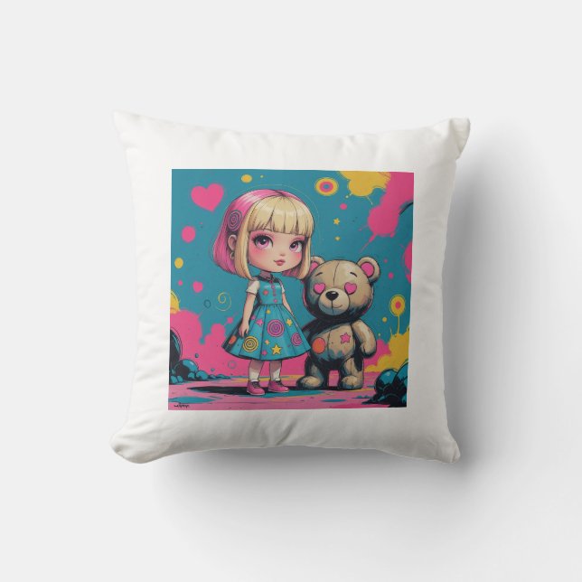 Cute Doll with Teddy Bear Kudde (Framsida)