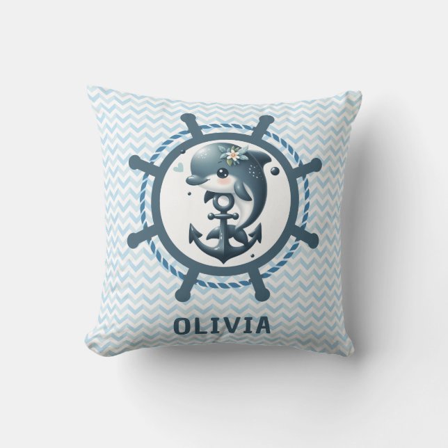Cute Dolphin & Anchor inuti Frakt Wheel Nautical Kudde (Framsida)