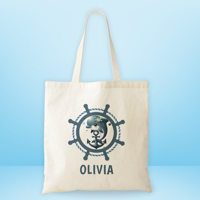 Cute Dolphin & Anchor inuti Frakt Wheel Nautical Tygkasse (Skapare uppladdad)