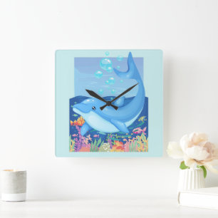 Cute Dolphin Bubbles Sea Life Fyrkantig Klocka