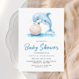 Cute Dolphin Dusty Blue Playy Baby Shower Inbjudningar
