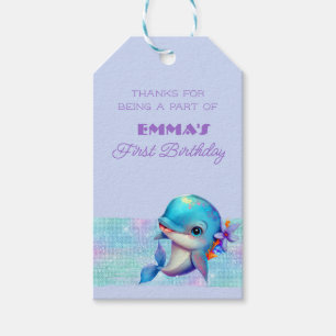 Cute Dolphin Iridescent 1:a födelsedag för Presentetikett