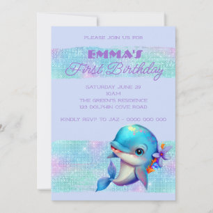 Cute Dolphin Iridescent 1:a födelsedagen Inbjudningar